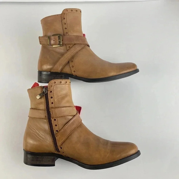 Brown tan genuine leather eyelet buckle low heel round toe ankle bootie sz 36 - Picture 11 of 17